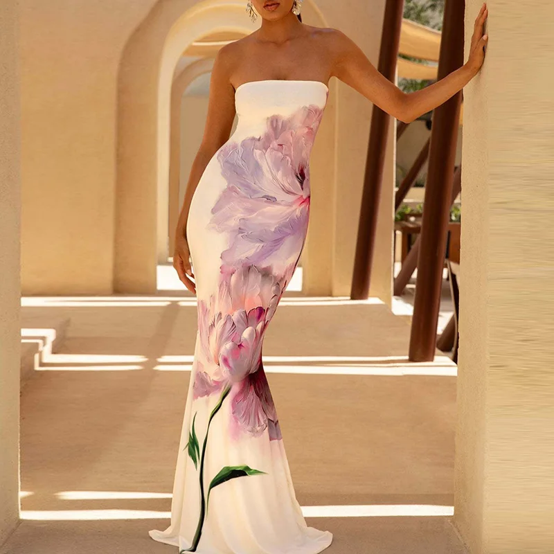 여름 백리스 보헤미안 비치 선드레스 여성 Y2K 섹시 스트랩리스 홀터 맥시 드레스 신상 패션 플로럴 프린트 튜브 롱 드레스 베스티도스