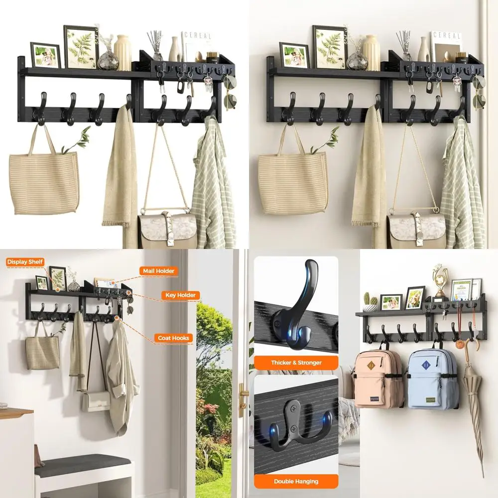 

Черная настенная вешалка для одежды с полкой, 11 крючками и держателем для почты для прихожей, гостиной или спальни