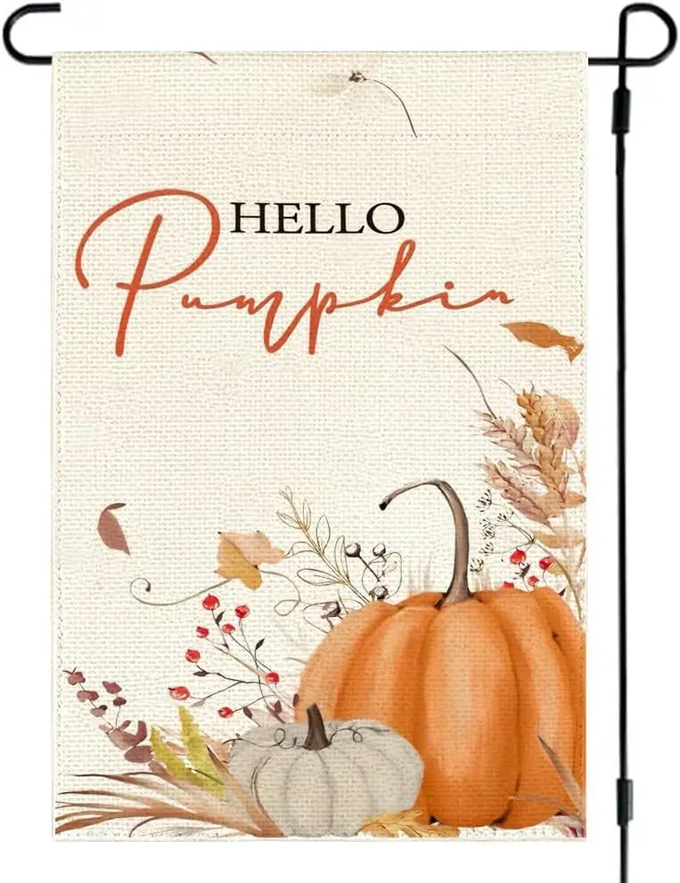 RABUSOFA Hello Pumpkin Fall Garden Flag 12x18 Inch Double Sided for Outside, Autumn Leaves Thanksgiving Pumpkins Outdoor Seasona