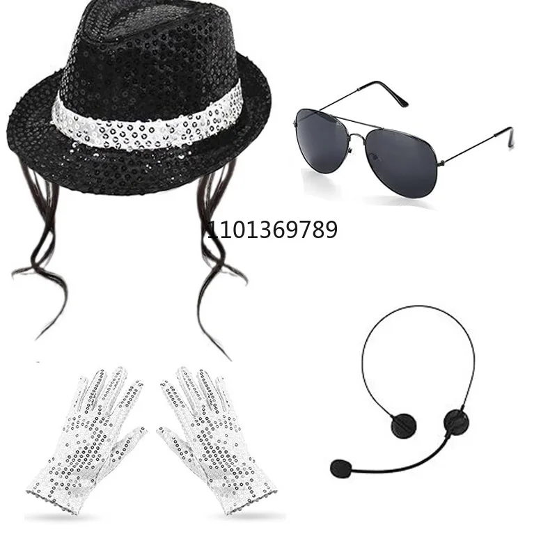 ポップスター キング ジャクソン コスチューム アクセサリー M-J スパンコール グローブ、ブラック フェドーラ ハット、サングラス 80 年代をテーマにしたハロウィーン コスプレ パーティー