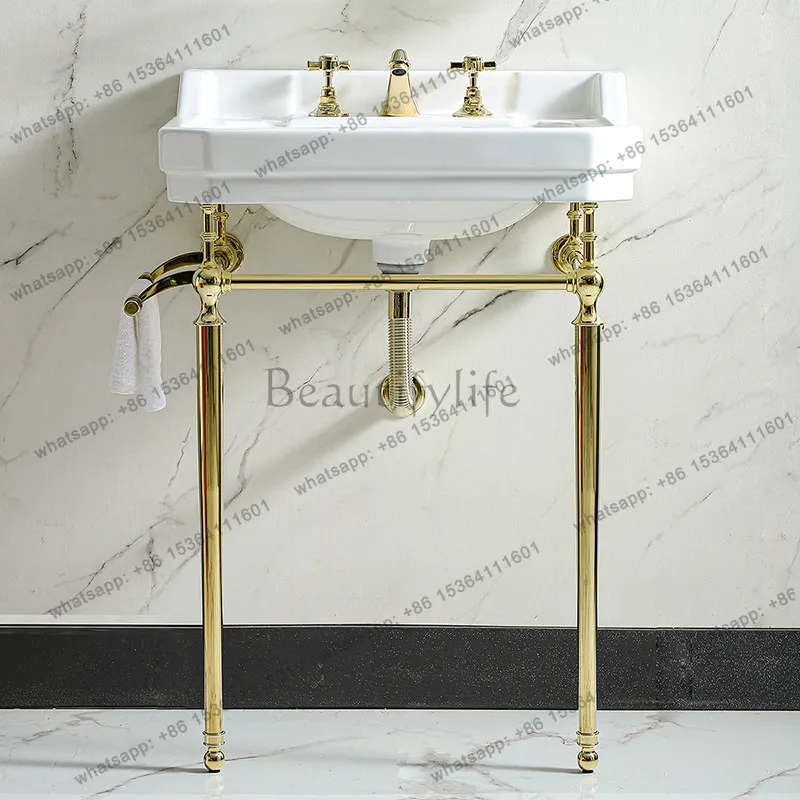 

Vintage Floor Standing Wash Basin Bracket Gold Toilet Bathroom Cabinet Integrated Ceramic Basin