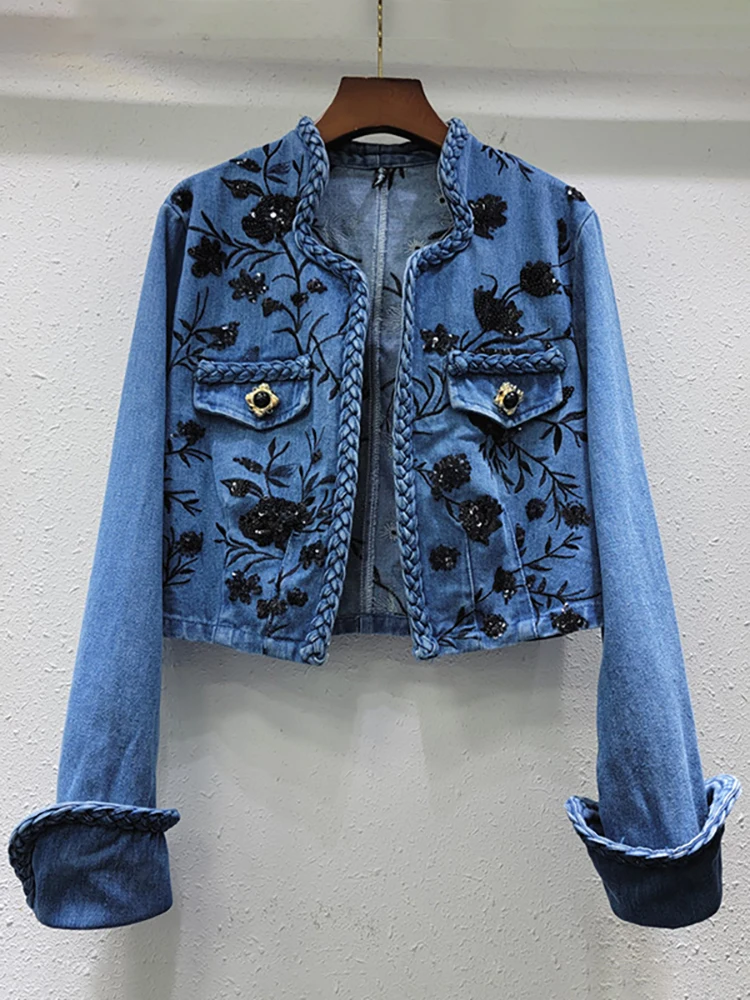 DEAT Women's Denim Coats Embroidery Sequins Flowers Buttonless Irregular Collar Twist Jackets 2025 Spring New Fashion 33A1261