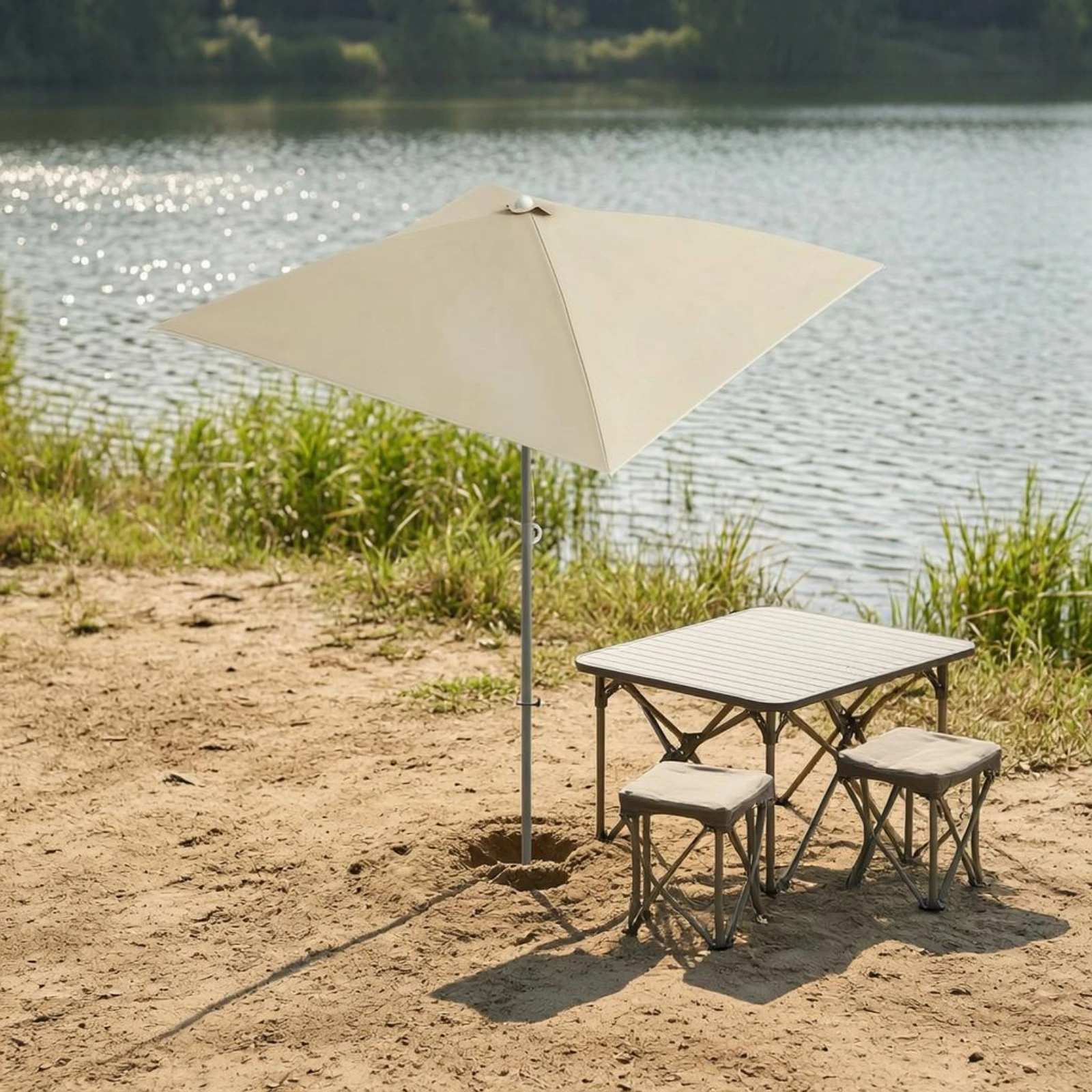 Portable Outdoor Umbrella Light Beige Square Patio Umbrella Garden Sunshade Pointed Top Shade Shelter Protection