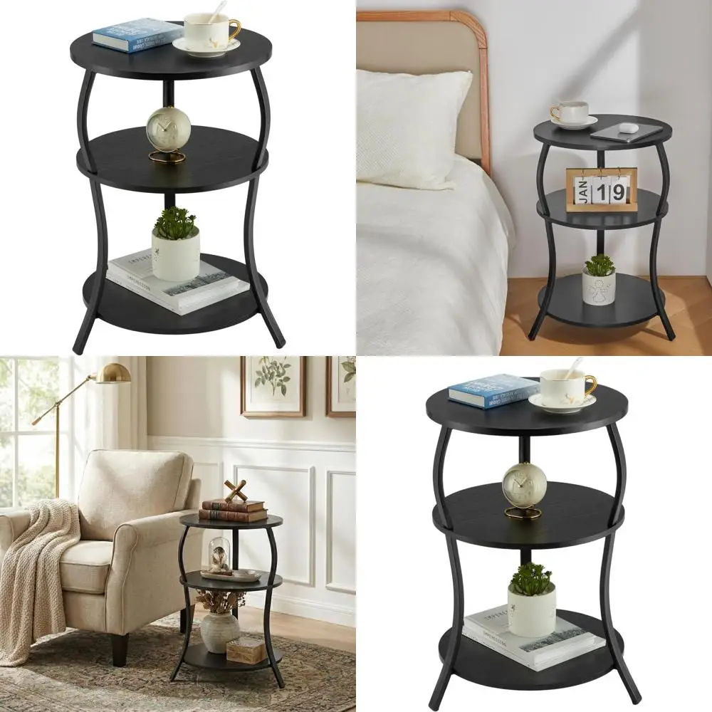 

Трехуровневый круглый приставной столик с местом для хранения, приставной столик для дивана в гостиной, диаметр 15,75 дюймов, прикроватная тумбочка в винтажном стиле, черный