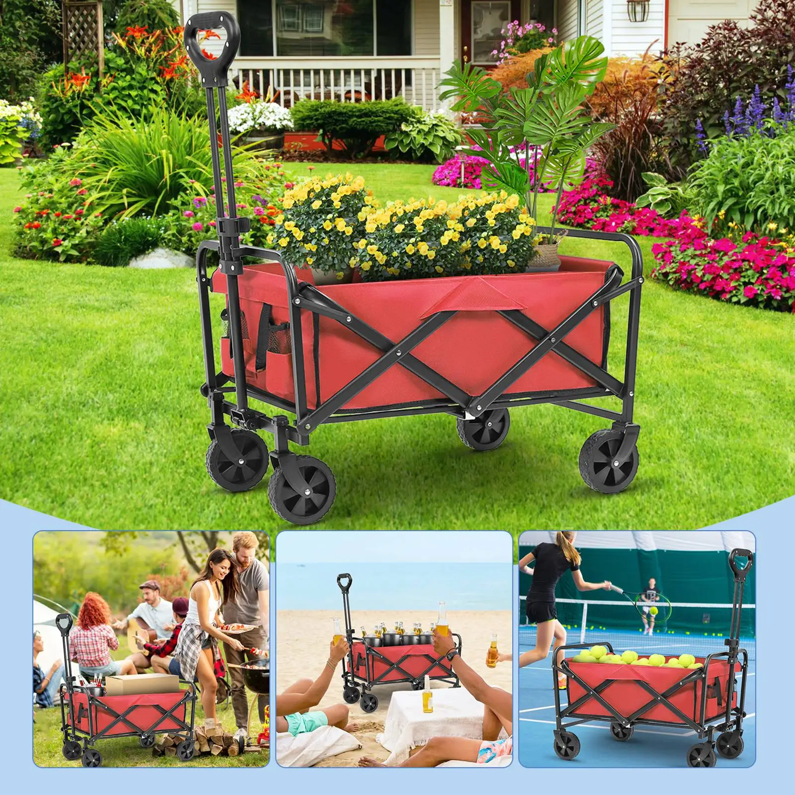 

Folding Beach Wagon Oxford Cloth Utility Grocery Wagon Cart with Wheels for Sand Camping Sports Shopping Outdoor Folding Cart