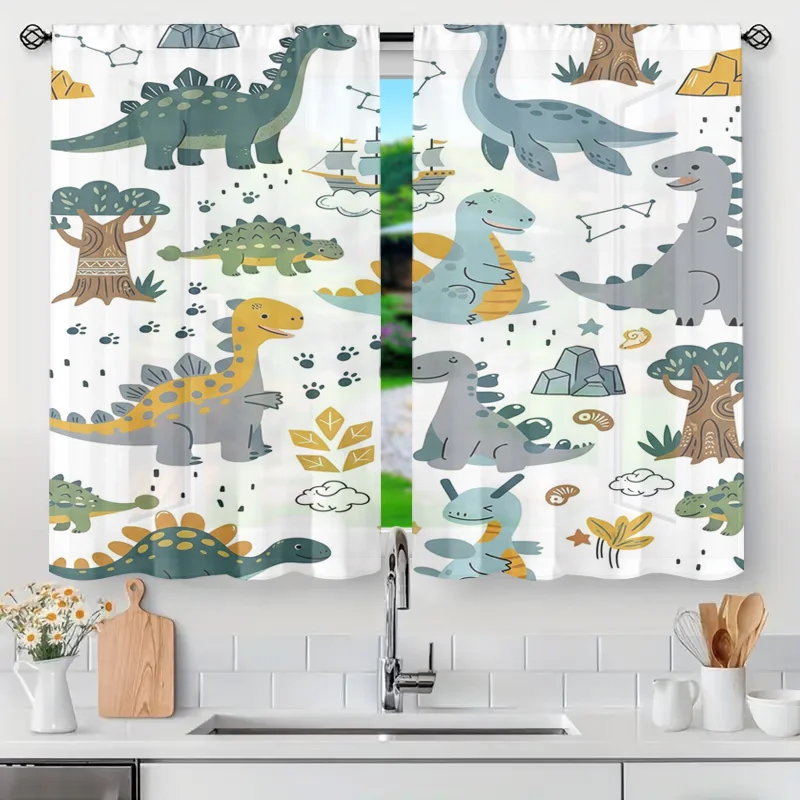 Cute Dinosaur Curtains Kids Room Nursery Window Panel Jungle Dinosaur Cartoon Backdrop Semi Sheer Privacy Curtains Decor Gift