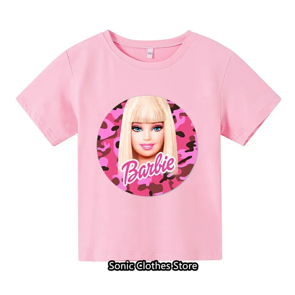 2024 Kawaii Barbie Children Short Sleeves Anime Cartoon Girls Boys Round Neck T-Shirt Soft All-Match Y2K Kids Clothes Streetwear