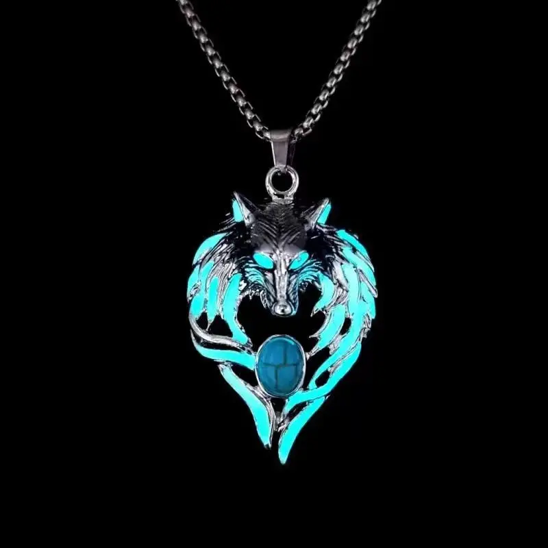 HOT SALE 60cm Luminous Wolf Steel Titanium Necklace, Totem Arctic Wolf King Luminous Trend Pendant