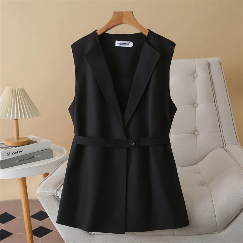 

XXXXL Fashion Plus Size Woman Clothing Waistcoat Spring 2026 V-neck Unbuttoned Belt mid-length Sleeveless Vest 8803