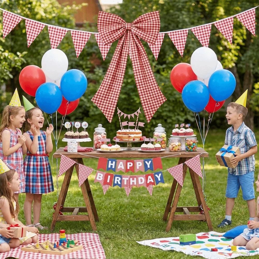 Plaid Bow Fabric Bow Wall Decor Oversized Multi-Purpose Birthday Party Supplies Reusable Long Tails Wall Backdrop Bows Festival