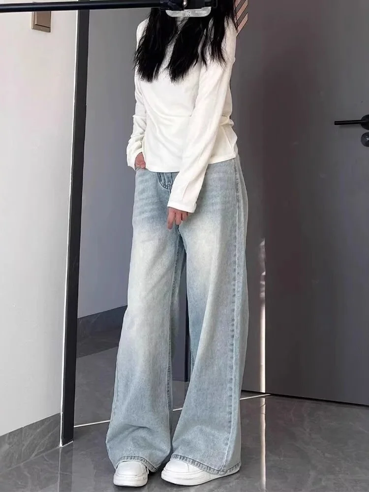 حجم كبير ارتفاع الخصر مستقيم الساق الدينيم الجينز المرأة ربيع الخريف فضفاض واسعة الساق الطابق طول السراويل للجسم الكمثرى aped #2