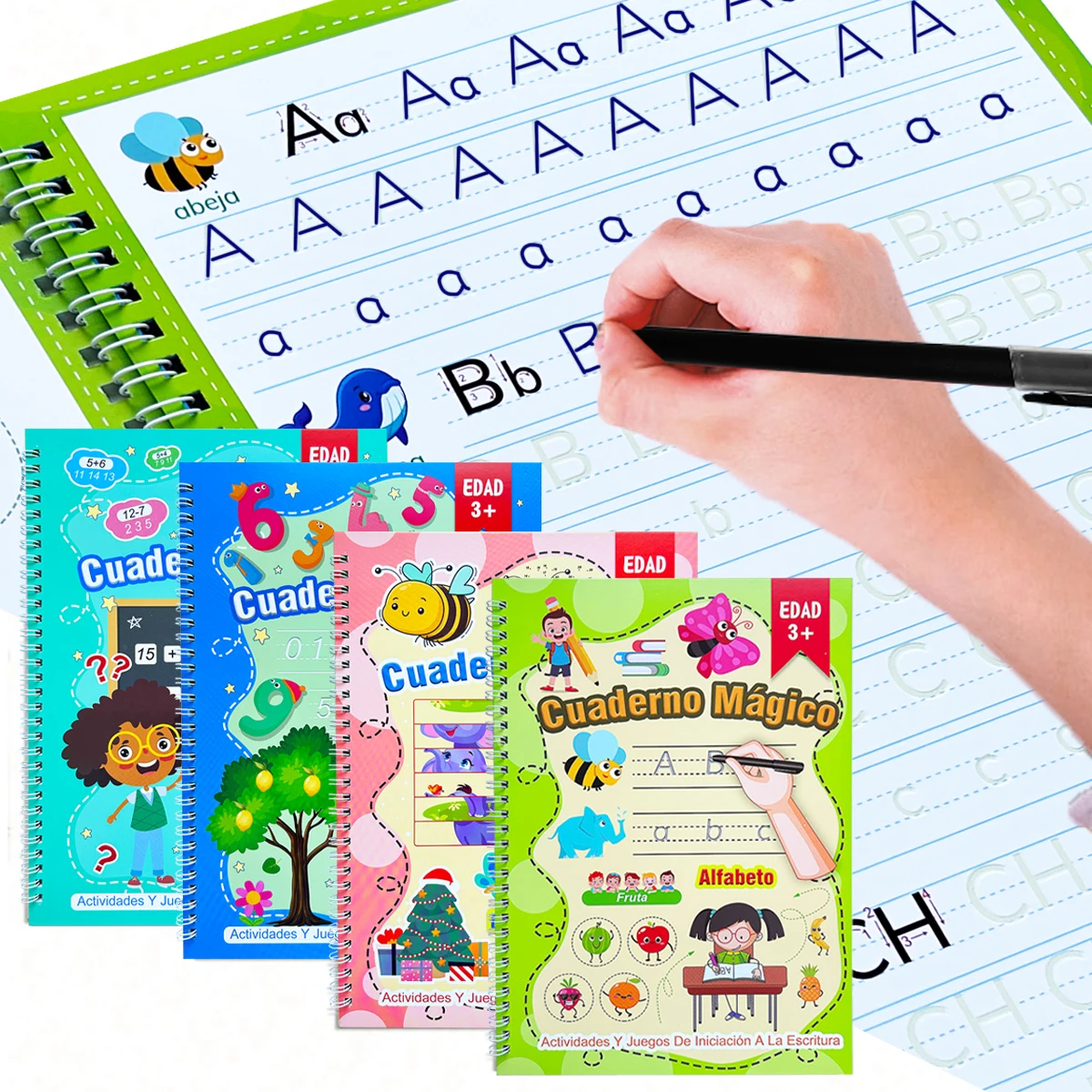 

Four optional Spanish exercise books for children over 3 years old - Alphabet, Numbers, Math, Drawing and Magic Practice books