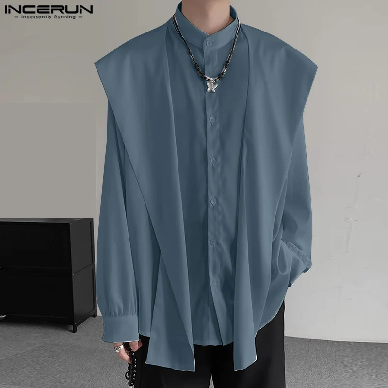 INCERUN Tops 2024 Koreaanse Stijl Mode heren Sjaal Capuchon Ontwerp Shirt Streetwear Mannelijke Effen All-Match Lange mouwen Blouse S-5XL