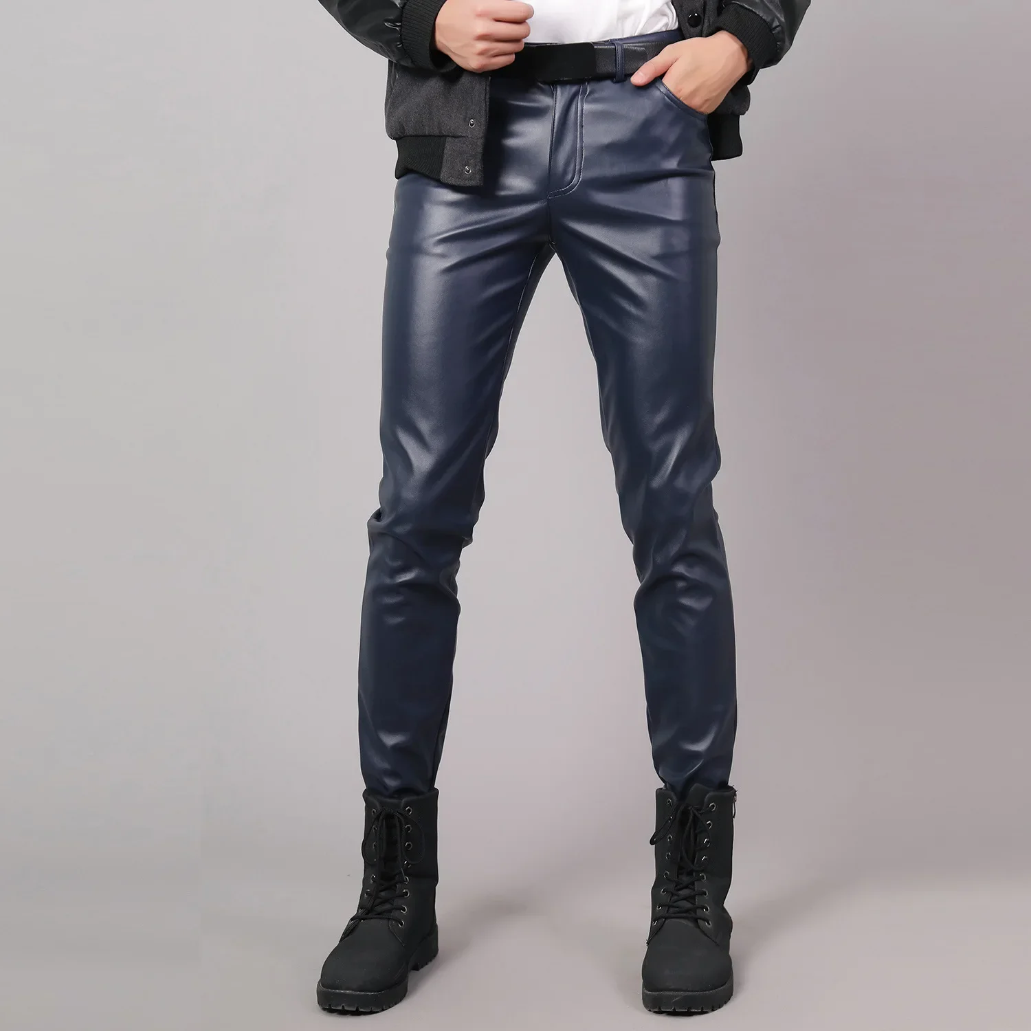 Red Men Moto Skinny Elastic Faux Leather Pants, Black Gold White Thin PU Trousers, Brand Men Clothing, Asian Size 28-40