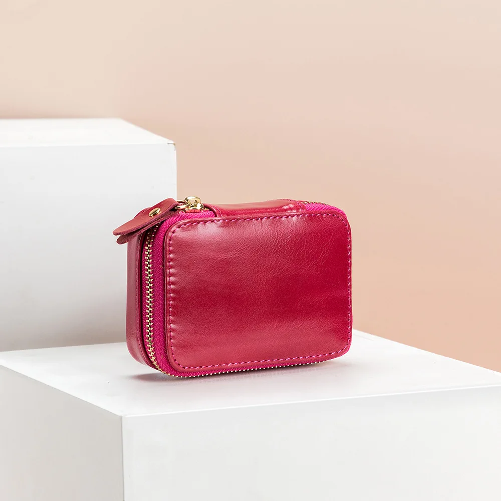 Alirattan 2025 New Mini Genuine Leather Red Bag With Mirror Makeup Bag Data Cable Headphone Bag Women's Jewelry Box Coin Bag