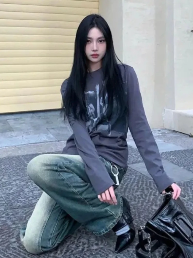 Winter Y2k Vintage Print Crop Tops Women Harajuku Elegant Korean Popular Clothes Female Fashion Long Sleeve Slim T-Shirts 2023