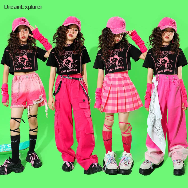 

Girls Hip Hop Crop Top Lovely Cargo Pants Child Solid Shorts Streetwear Clothes Sets Kids Plaid Skirt Street Dance Jazz Costumes