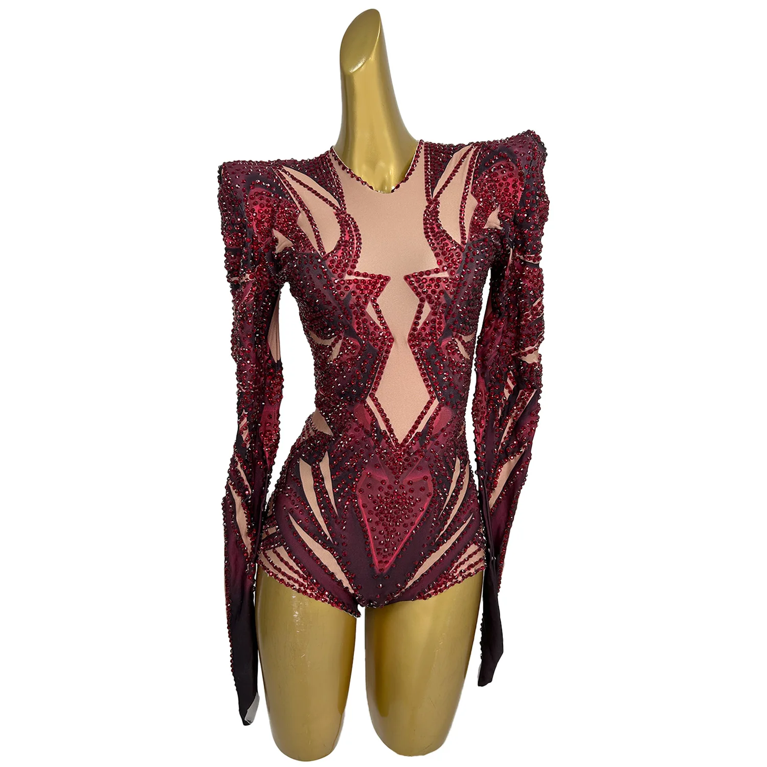 

Red Sparkly Rhinestone Club Stage Performance Bodysuit Pole Dance Wear For Women Party Night Hot Design Spandex Fancy Bodysuit