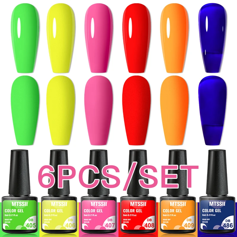 Juego de esmaltes de Gel para uñas, set de 6 esmaltes en color verde, rojo, amarillo, neón, naranja brillante, colorido, para manicura UV LED