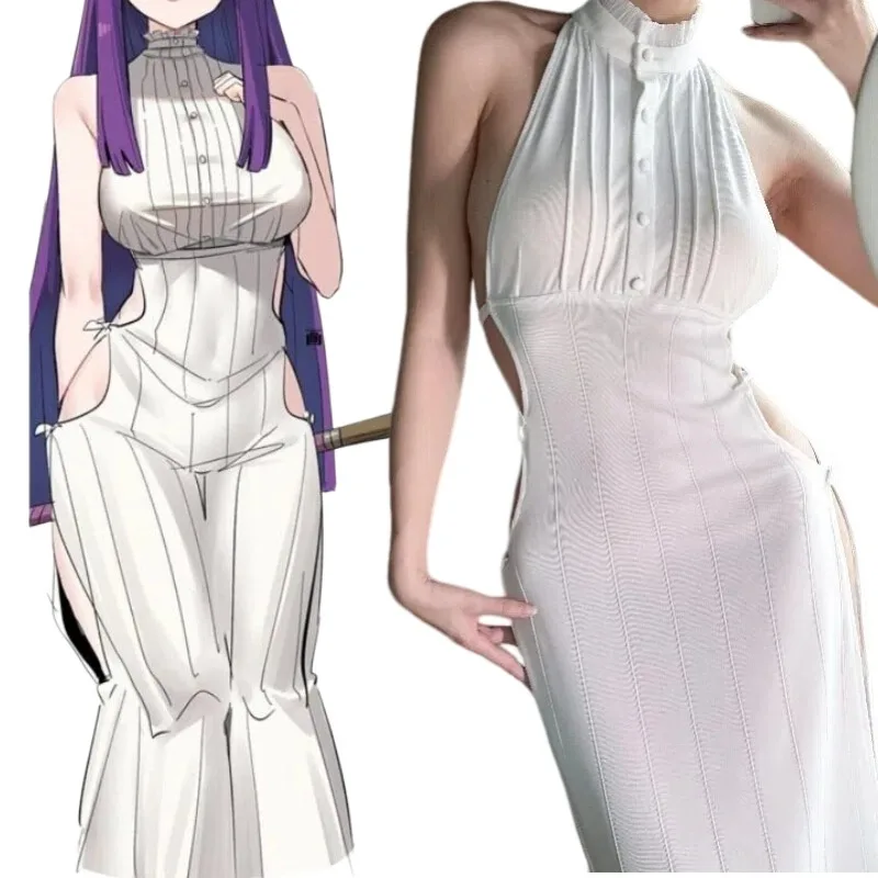 Disfraz de Cosplay de Anime Frieren Fern, Vestido Blanco Sexy, Falda de Punto en Línea A con Efecto Adelgazante, Traje de Juego de Roles para Mujer