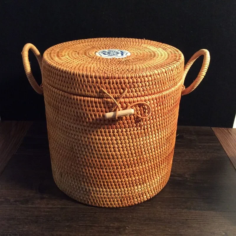 

Wicker Basket with Double Side Handles and Lid Natural Rattan Organizer Beautiful Picnic Storage Basket Enhances Any Gathering