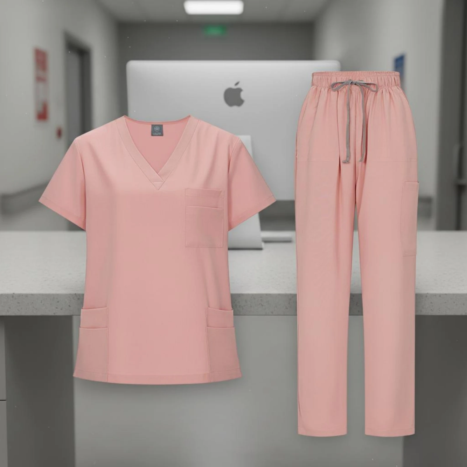 Scrub Set Stretch Material Rounded Neck Scrub Top and Pants Uniform Color Medical Attire Breathable Moisture Wicking