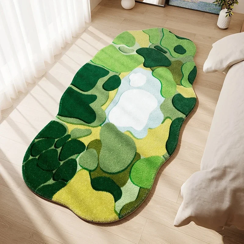 VIKAMA Irregular Wavy Area Rug Green Abstract Moss Print Soft Fluffy Non Slip Runner Carpet for Bedroom Bedside Decor