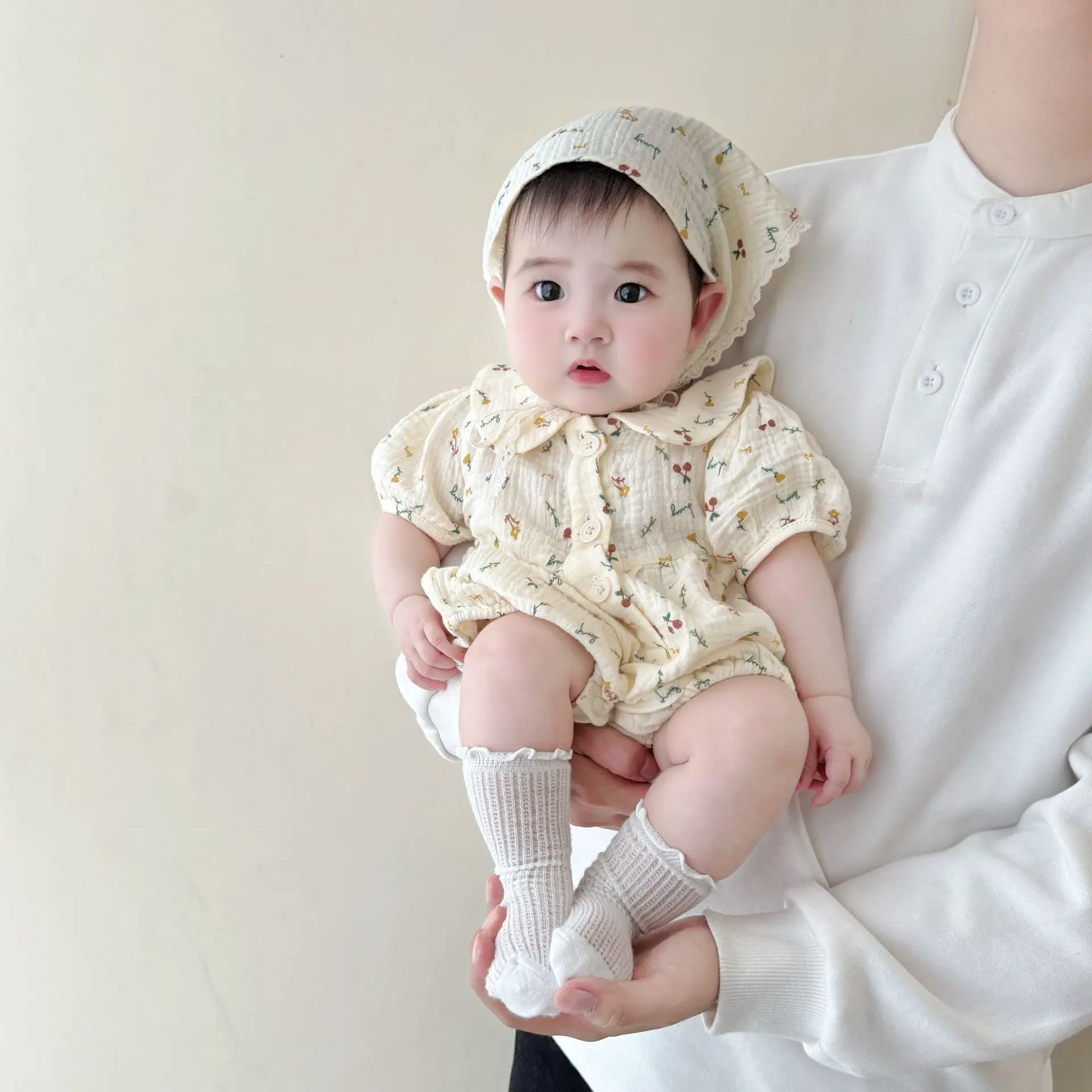 

Ins Baby Summer Korean Version New Pure Cotton Doll Collar Women's Treasure Sweet Cherry Print Crepe Cloth Crawling Suit