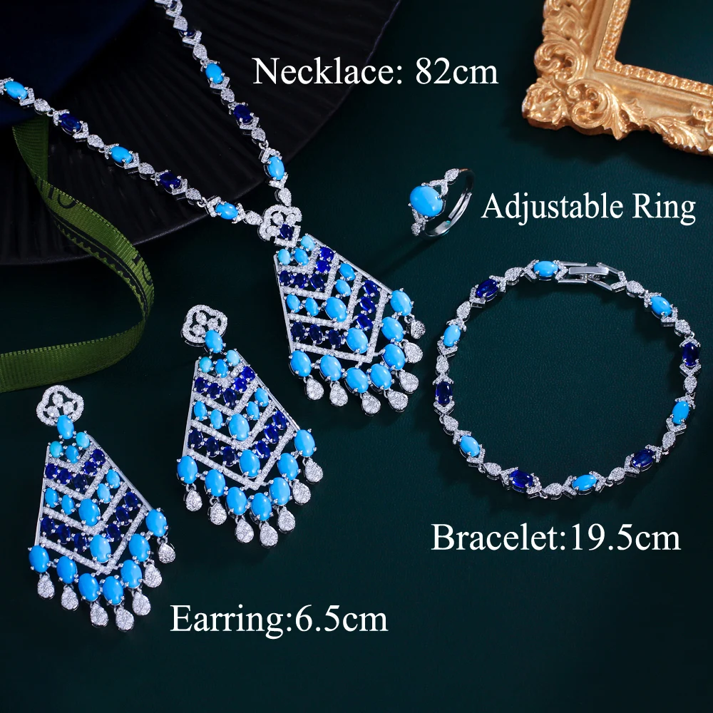 CWWZircons 4pcs Elegant Blue Cubic Zirconia Dangling Drop Tassel Long Necklace Women Wedding Party Dubai Bridal Jewelry Set T752