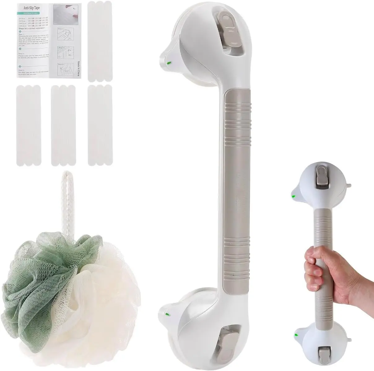 

16" Long Suction Grab Bar for Bathroom, Shower Safety Rail with Green/Red Indicator, Non-Slip Assist Handle for Elderly, Strong Dual-Lock Suction Cups, No Drilling