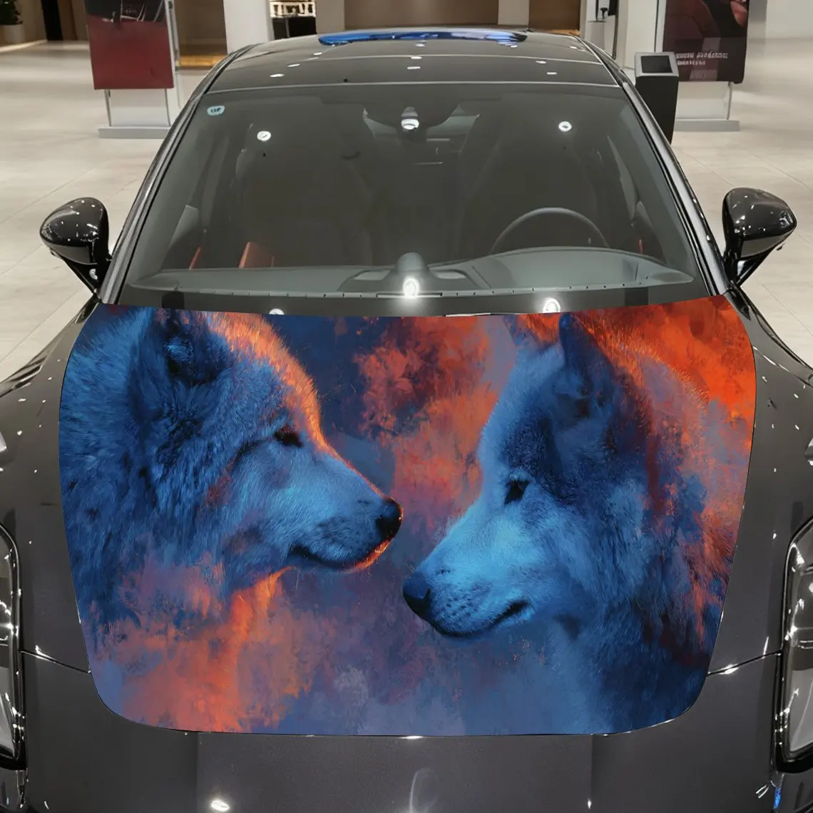 Dynamic Fire & Ice Wolf Pair Car Cover Sticker, Auto Hood Decal, Car Exterior Scratch Resistant Decal, Trendy Gift for Car Lover