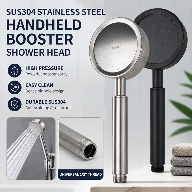High Pressure 304 Stainless Steel Handheld Shower Head Booster Spray Universal Connector Bathroom Sprayer for Home Bath Shower