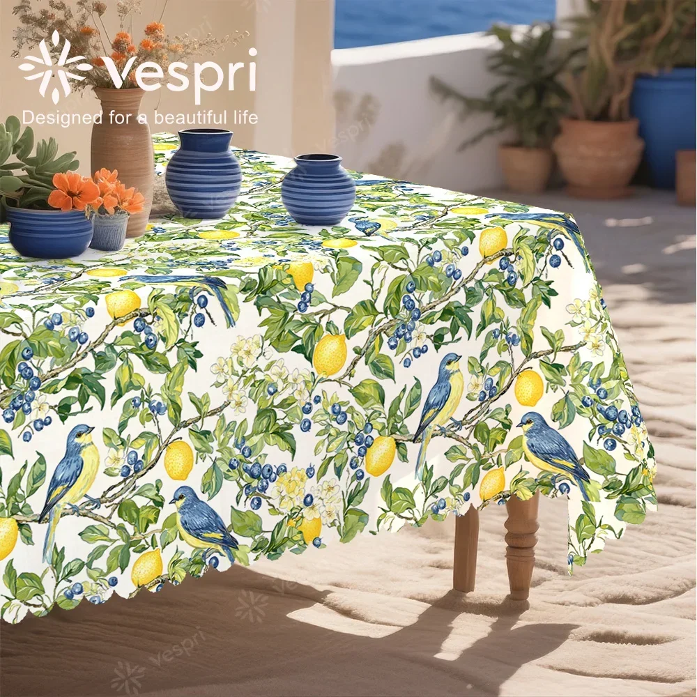 Vespri fruit tablecloth, with white and yellow decorations, lemon-colored birds and green leaves, in a country style.xzj