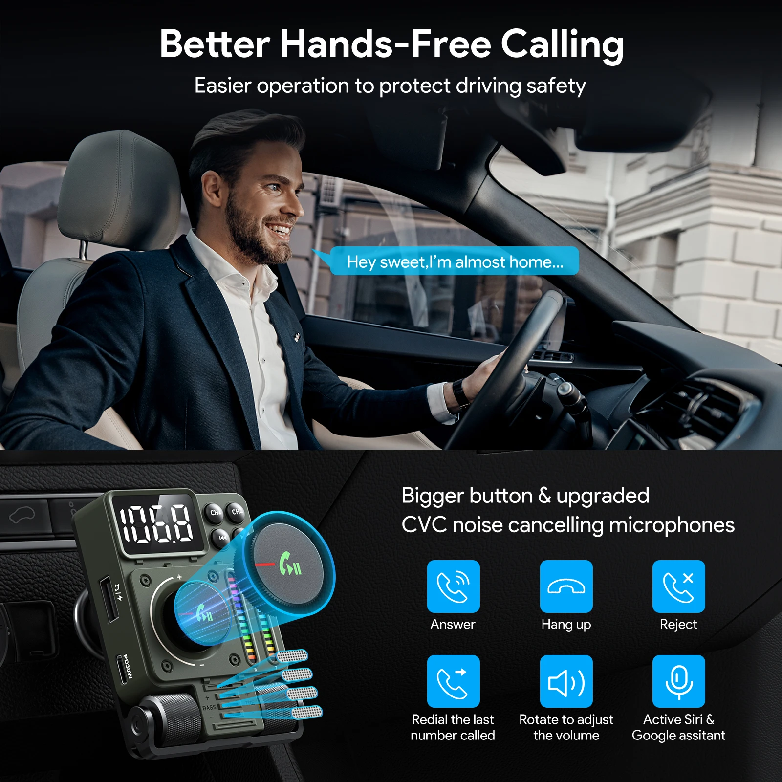 LENCENT Bluetooth 5.3 FM-Transmitter für Auto, verstellbarer Höhen- und Bass-Sound, Musik-Player, unterstützt PD30W Schnelllade-Auto-Kit