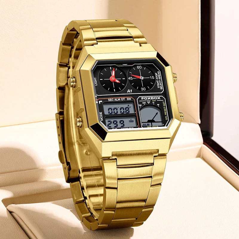 New Fashion FOXBOX Dual Digital Electronic Man Watch Business Stainless Casual Sport Electronic Waterproof Alarm Watches for Men