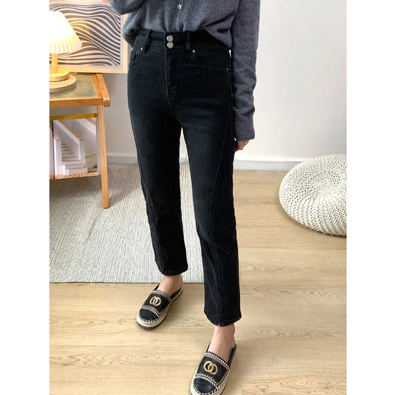 High Waist Straight Leg High Waist Split Women's Jeans plus Size Slimming Versatile Spring Autumn New Style Deep Blue Denim