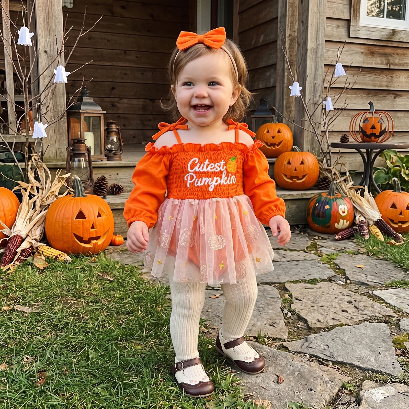 2027 Early Autumn Toddler Baby Girls Long Sleeve Romper Dress Fashion Pumpkin Embroidery Bodysuit Headband