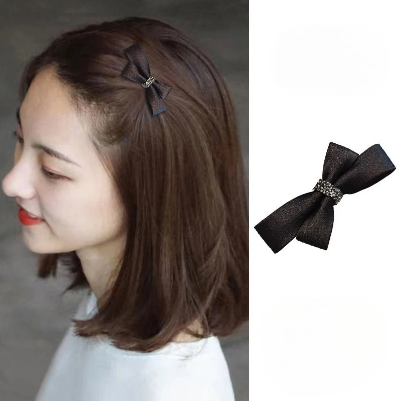 

Черный бант со стразами, боковые заколки для волос, челка, зажим в виде утконоса, корейская мода, универсальная заколка для волос на лбу, головной убор для женщин и девочек