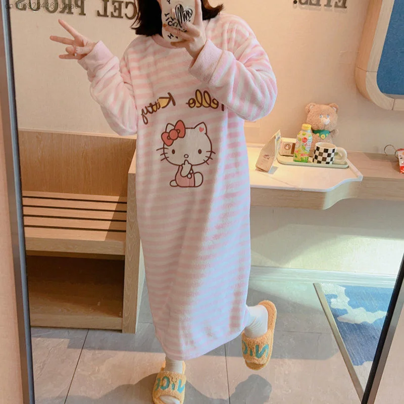 Sanrio Hello Kitty Coral Velvet Nightgown Women Autumn Winter New Plush Flannel Long Loose Cute Pajama Dresses Y2k Home Clothes