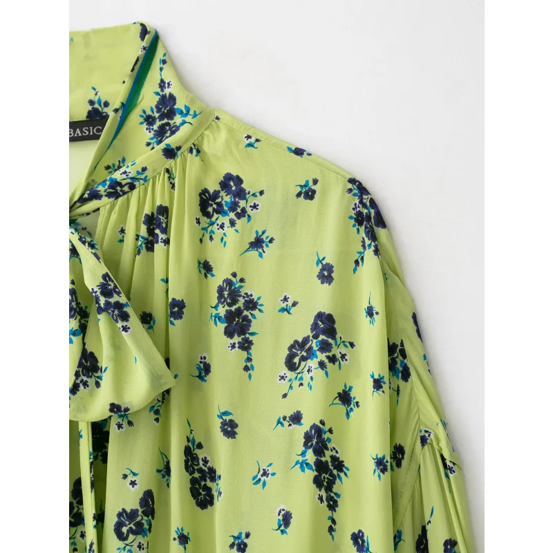2026 Herbst Neue Damenbluse Vintage Blumendruck Schleifenknoten am Hals Lange Puffärmel Kontrastrand Lose Blusen Alltags- und Büro-Oberteile – Detail 9