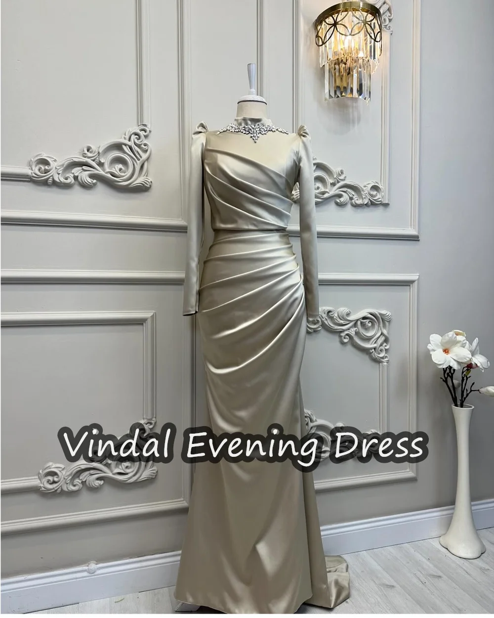 Vindal Floor Length Zeemeermin Avondjurk Elegante Crêpe Prom Jurken Lange Mouwen Ronde Halslijn Ingebouwde Bh Voor Vrouw 2024