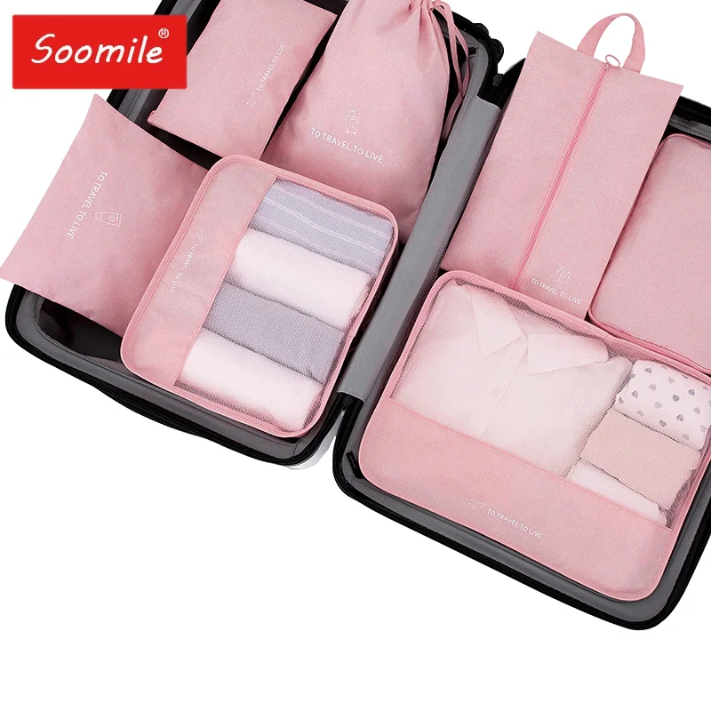 Packing Cube 7Pcs Set Pink Travel Suitcase Storage Bag For Women Clothes Waterproof Bags Portable Luggage Organizer Pouch New