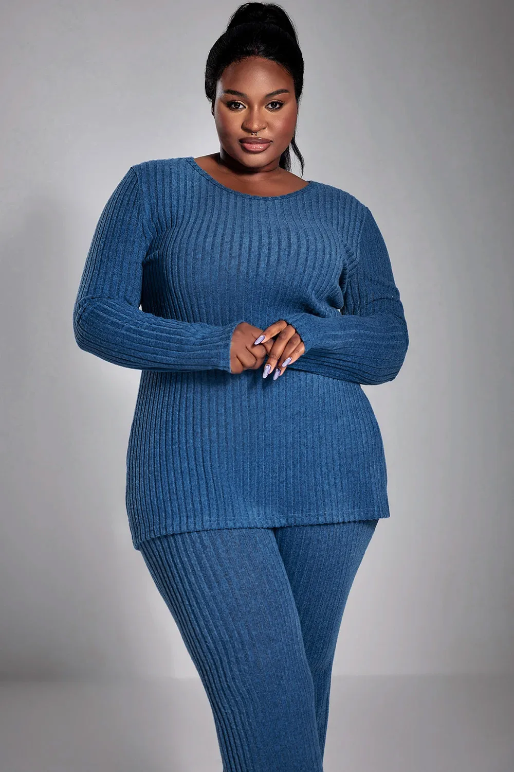 Plus Size Fall Winter Casual Pant Set Royal Blue Solid Color Slim Fit Knitted Round Neck Top Two Piece Pant Set