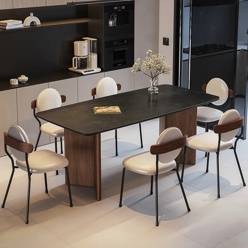 Black walnut solid wood medieval dining table and chair combination, modern simple rectangular small apartment rock slab dining