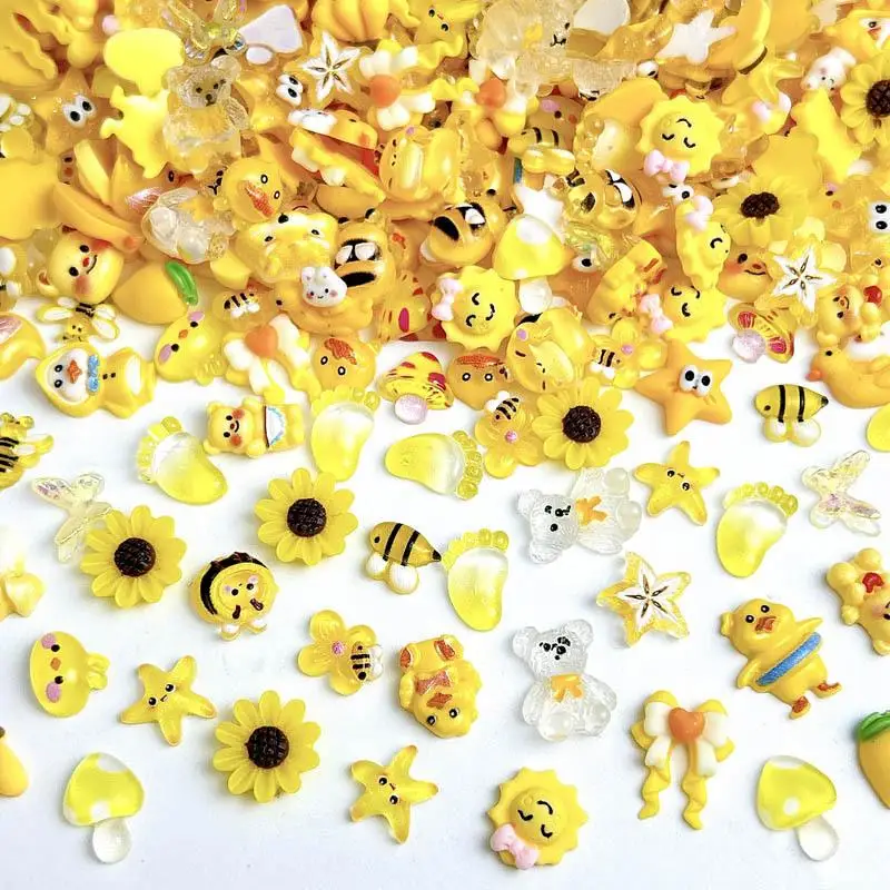 Random Yellow Mixed Nail Charms Cute Bear Head Sun Duck Banana Resin Nail Art Decorations Accessories for DIY Phone Case Nails