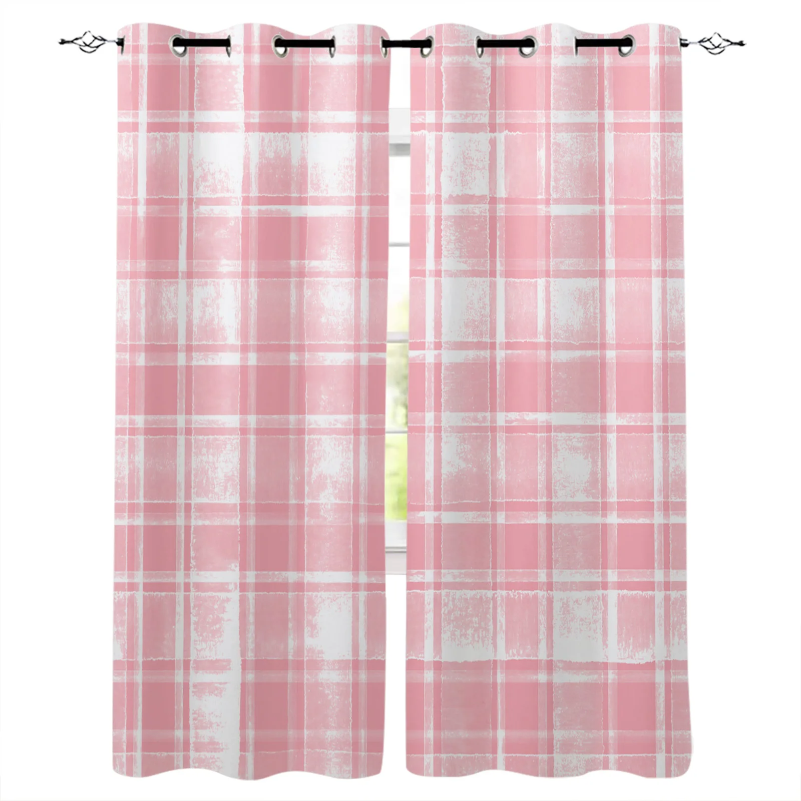 Pink Watercolor Mottled Checkered Plaid Modern Hall Curtains for Living Room Girl Boy Bedroom Kitchen Window Curtain Cortinas