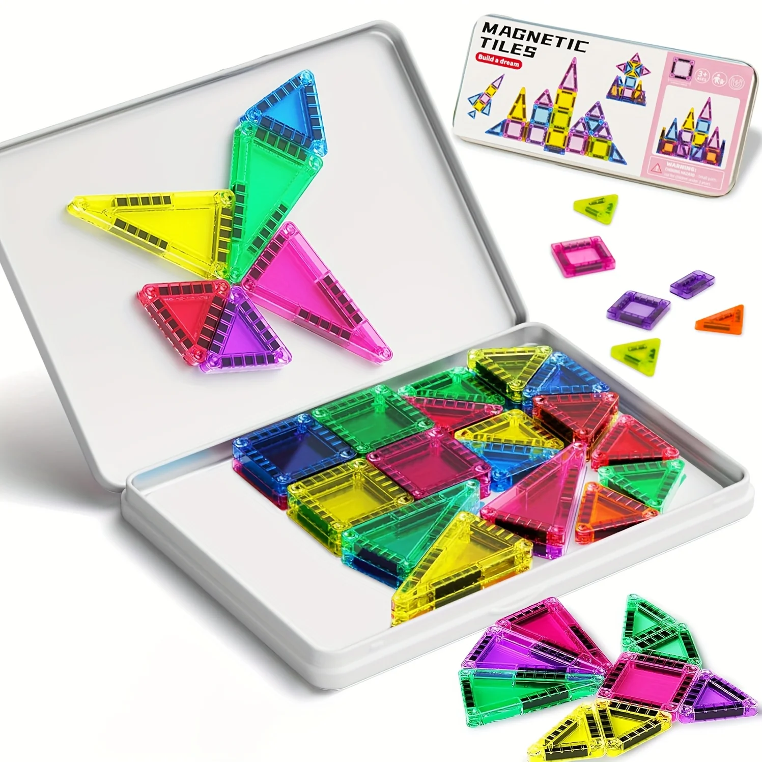 لعبة مكعبات بناء مغناطيسية مع صندوق حديدي، مجموعة سفر محمولة، لعبة تركيب للسفر، هدية عيد ميلاد