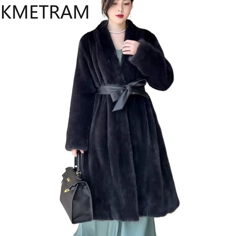 

KMETRAM Фиолетовая бархатная куртка из 100% норки, женская длинная шуба из натурального норкового меха с v-образным вырезом и поясом, зимняя женская одежда 2026 Fourrure