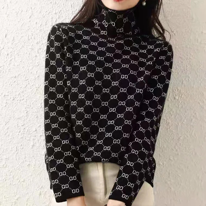 Autumn Winter Fashion Vintage Knit Thick Sweaters Women Clothing Y2k Letter Jacquard Turtleneck Tops Soft Wool Pullovers