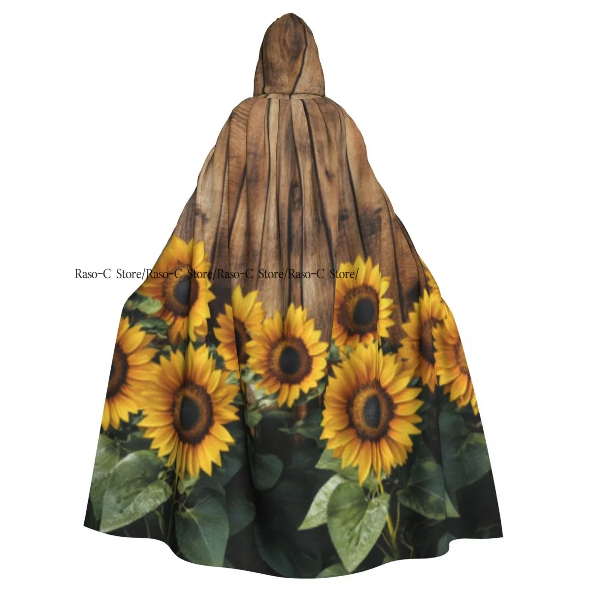 Long Cape Cloak Sunflowers Around Rustic Wooden Hooded Cloak Coat Autumn Hoodies